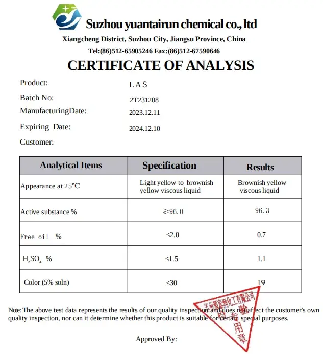 96% Dodecyl Benzene Sulphonic Acid (LAS) Liquid Daily Chemical Cleaner Cosmetic Detergent Raw Materials for Home Use