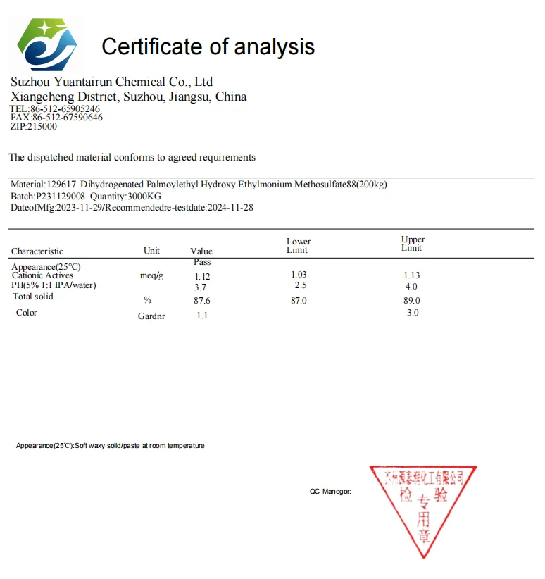 Surfactant Daily Chemical Textile Softeners Ester Base Quaternary Ammonium Salt Cas 91995-81-2 Fabric Softener