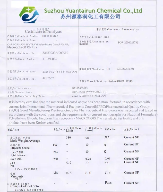 Factory Supply Good Quality Medical Grade Polyethylene Glycol 400 PEG400 Moisturizing Oil CAS 25322-68-3
